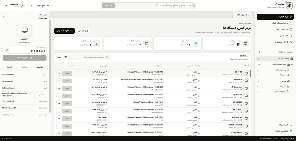 نمای واقعی مرکز کنترل MedaDesk؛ دستگاهها، کاربران و عملیات Remote Support
